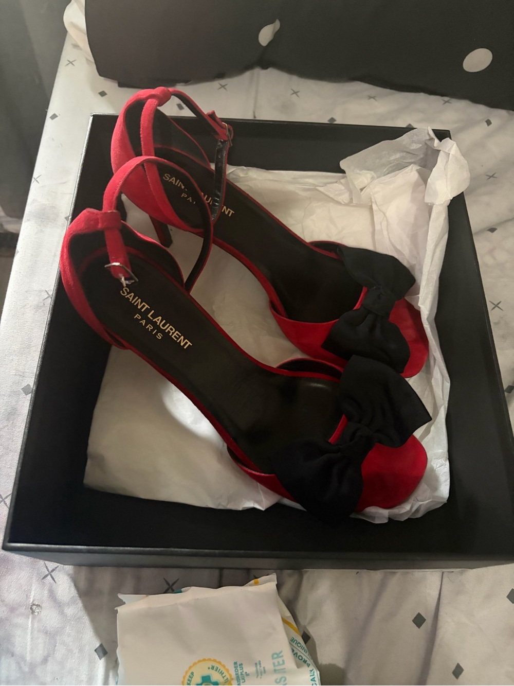 Saint Laurent Red Satin Slingback Heels with Black Bow
